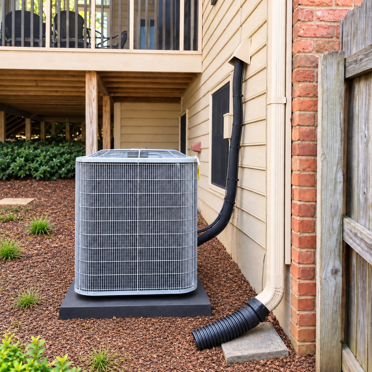 Outdoor condenser beneath a deck