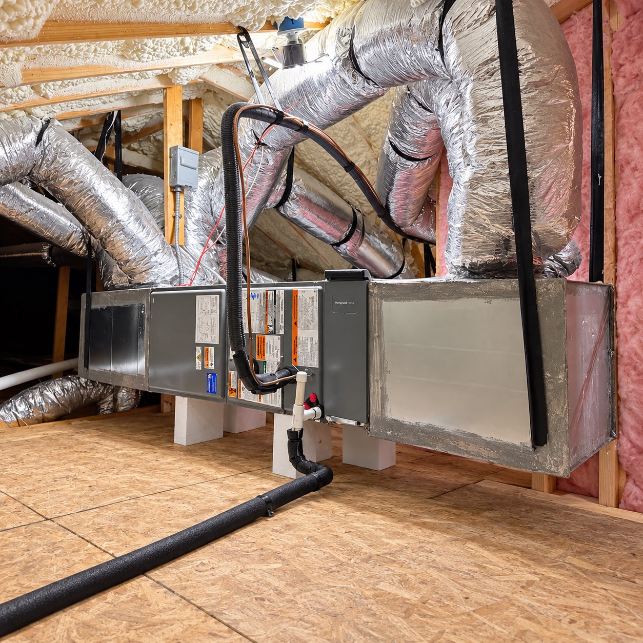 Attic air handler with insulated air distribution ducts